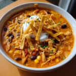 A close-up of a hearty bowl of chicken tortilla soup with shredded chicken, corn, black beans, and topped with sour cream and tortilla strips.