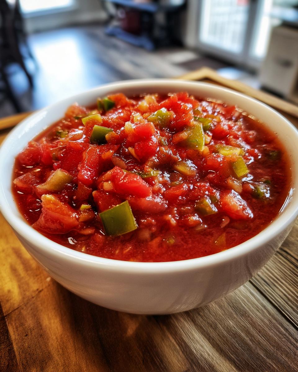 Close-up of a white bowl filled with chunky homemade salsa featuring diced red tomatoes and green peppers.