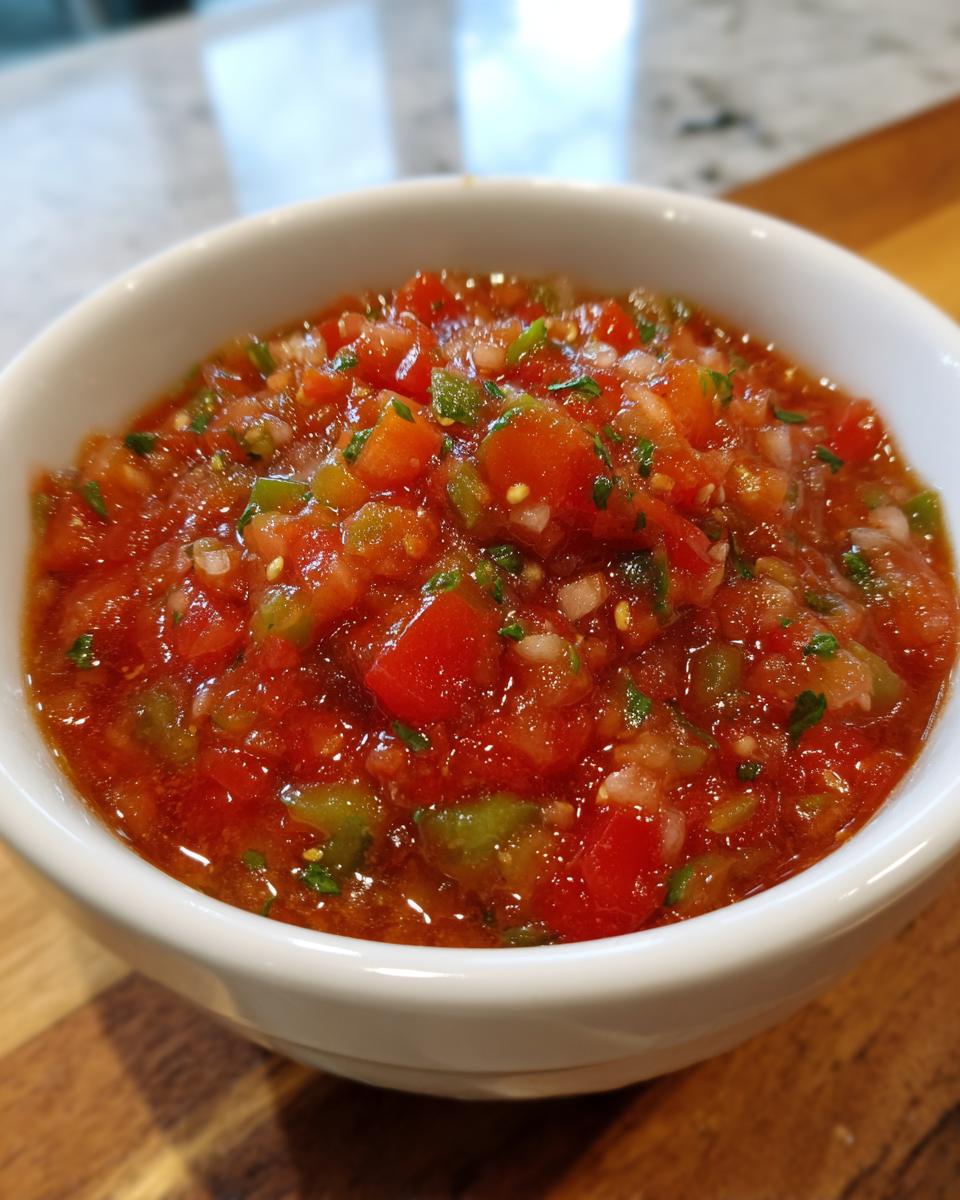 Close-up of a white bowl filled with chunky, vibrant homemade salsa featuring diced tomatoes and green peppers.