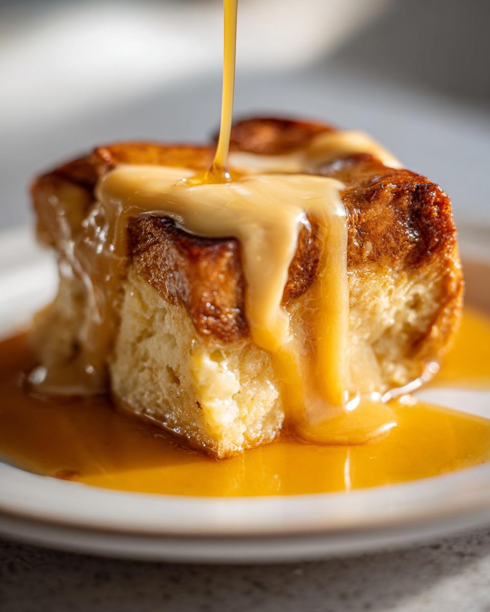 Close-up of a golden brown bread pudding square being drenched in thick, creamy caramel sauce.