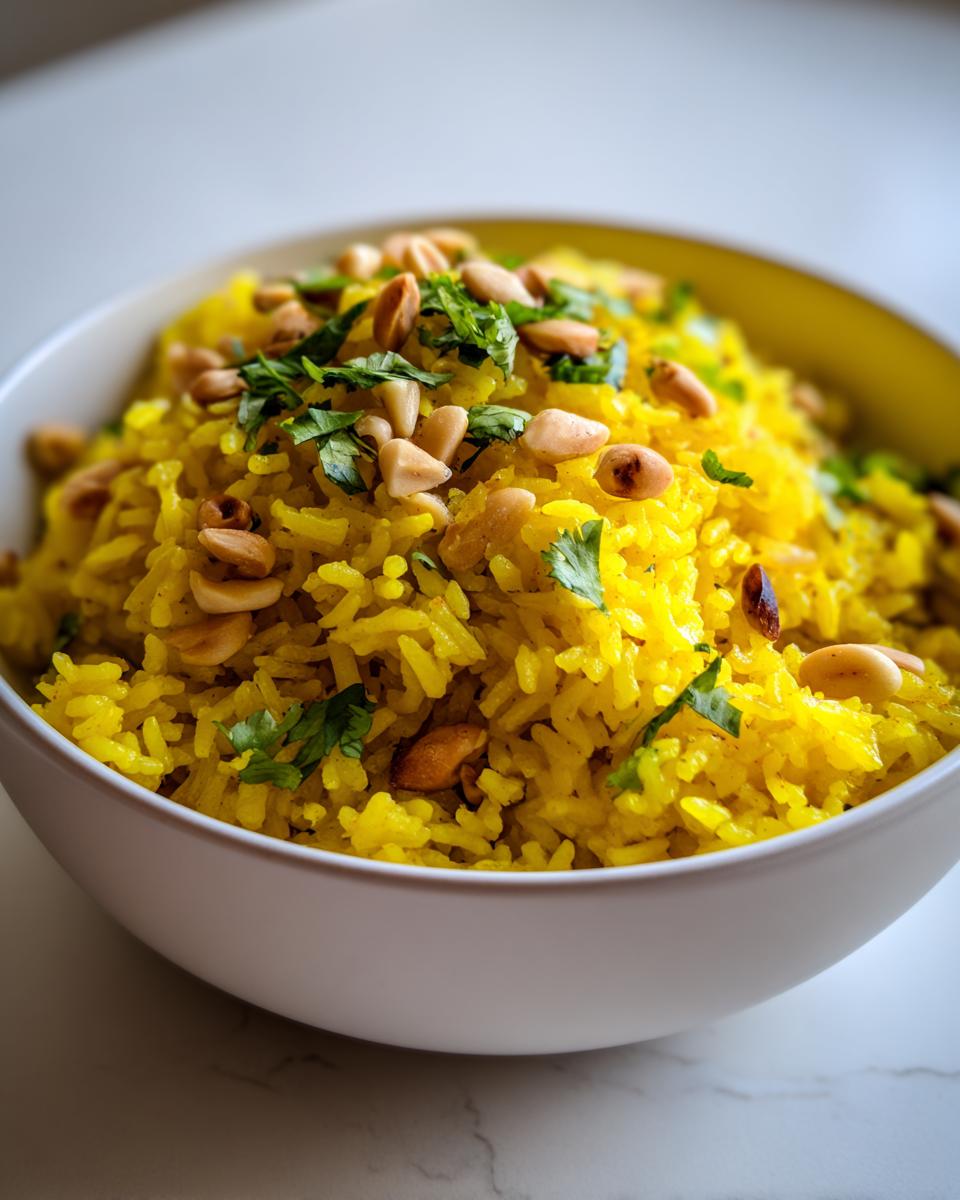 Close-up of bright yellow mediterranean rice topped with toasted nuts and fresh cilantro.
