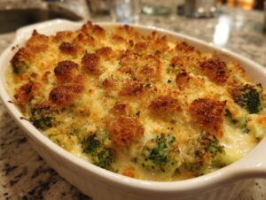 Close-up of a baked broccoli cheese casserole in a white dish, featuring a golden, crispy breadcrumb topping.