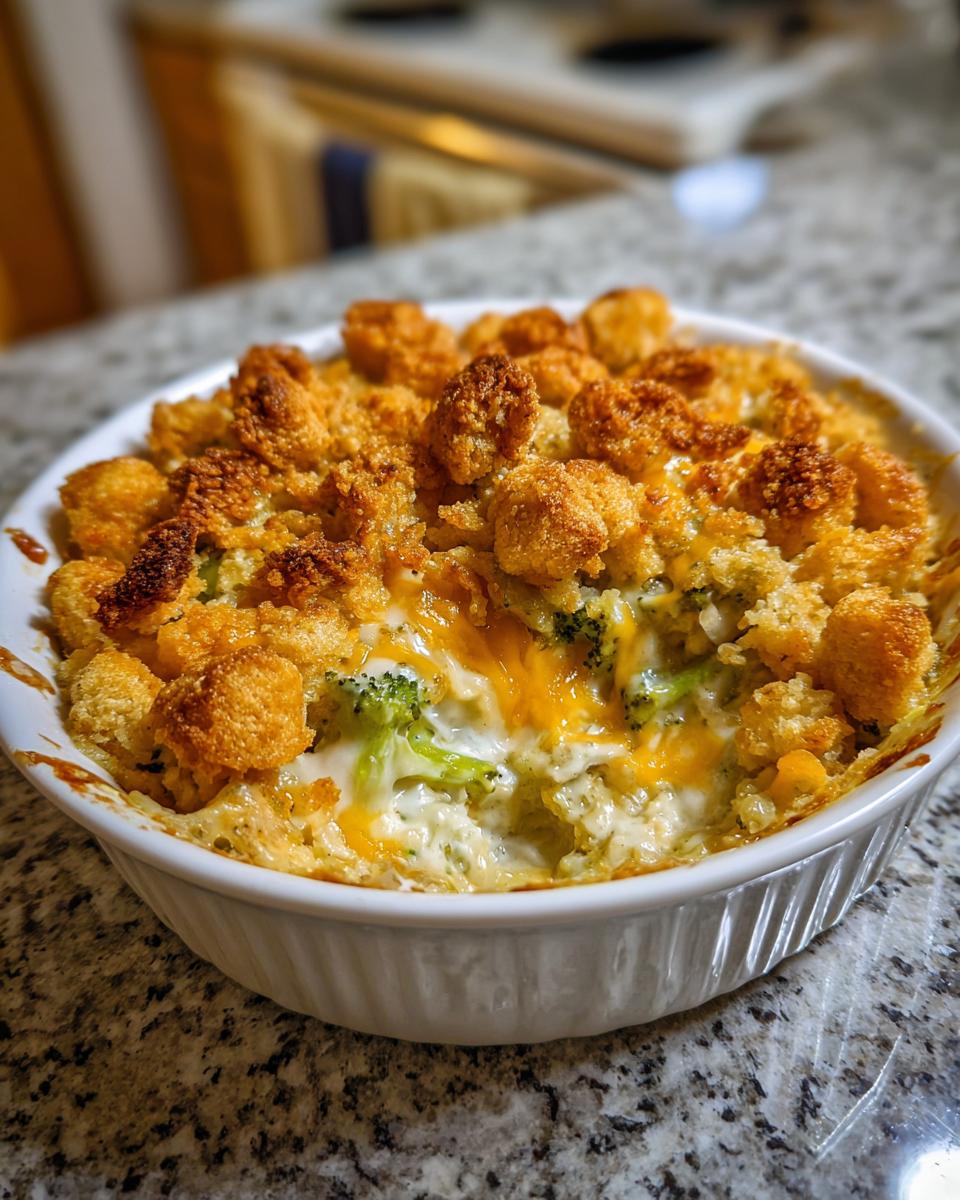 Close-up of a bubbling broccoli cheese casserole topped with crispy, golden tater tots or croutons.