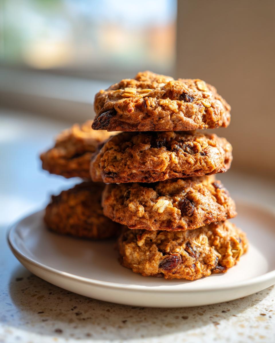 A stack of four chewy brown butter oatmeal raisin cookies resting on a small white plate.