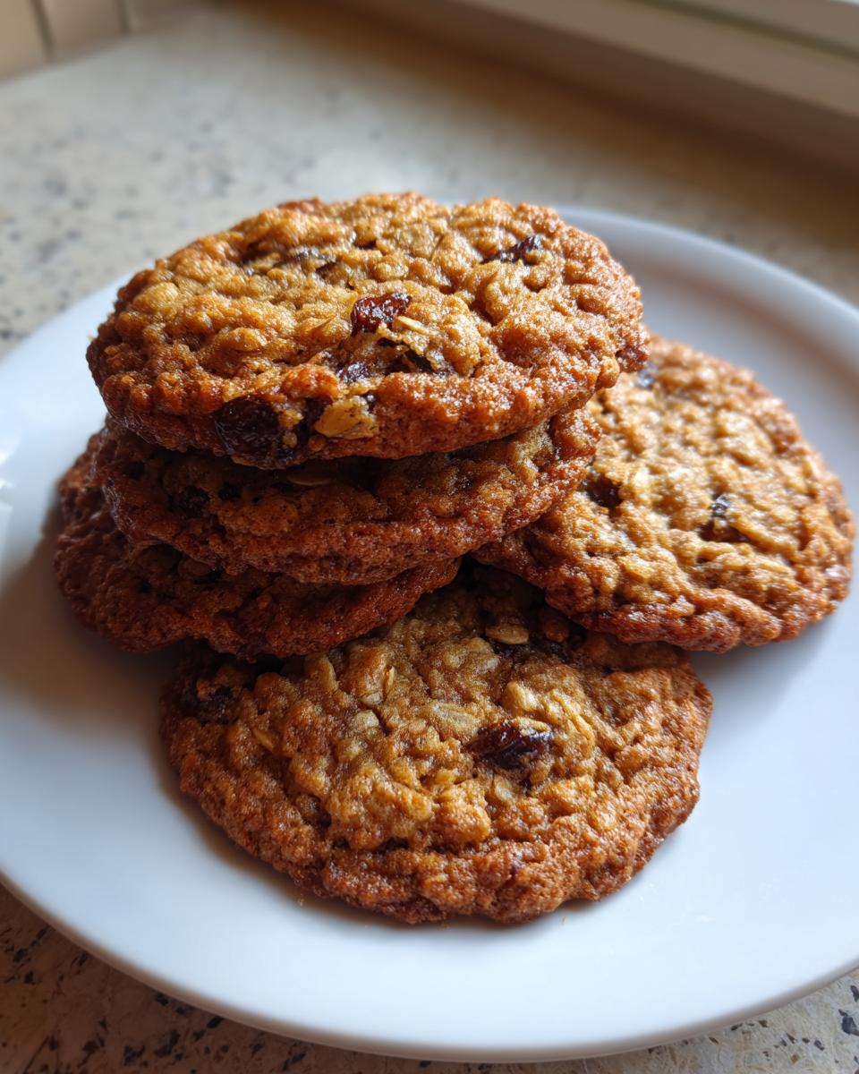 A stack of five golden brown oatmeal raisin cookies piled on a white plate.