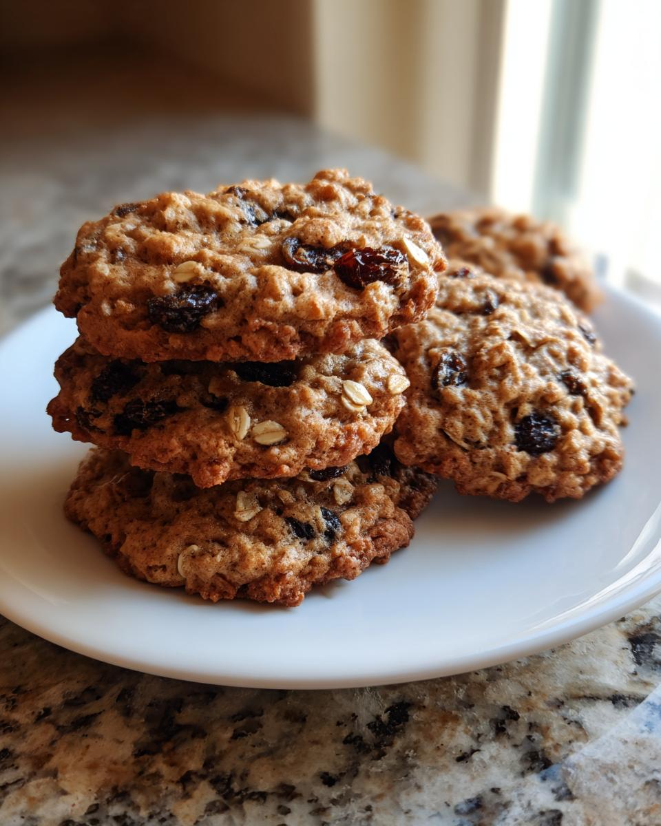 A stack of three chewy brown butter oatmeal raisin cookies on a white plate.