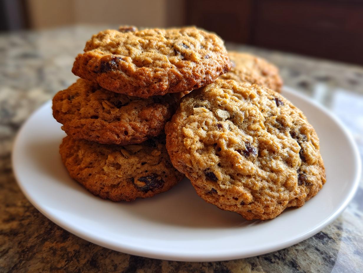 A stack of freshly baked, chewy oatmeal raisin cookies resting on a white plate.
