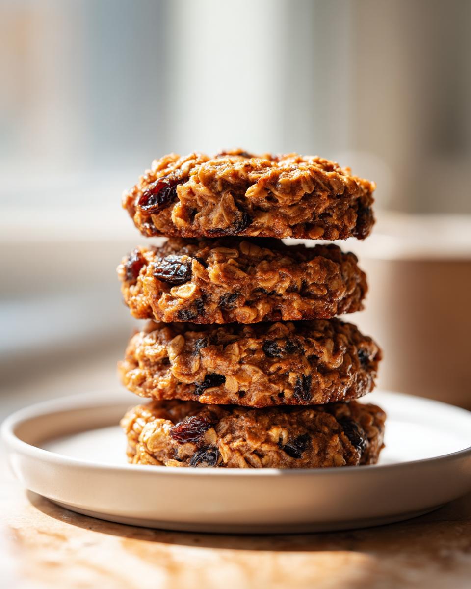 A stack of four chewy brown butter oatmeal raisin cookies resting on a light-colored plate.