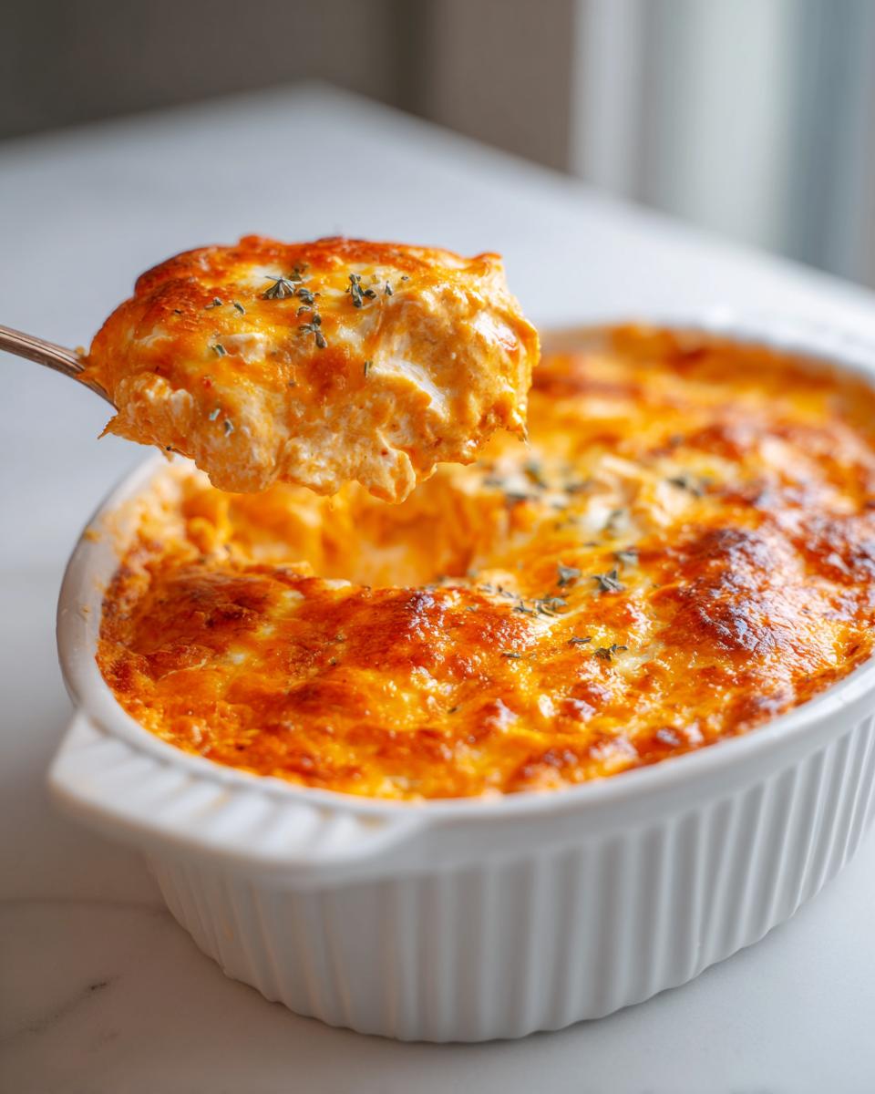 A spoonful of creamy, cheesy Buffalo chicken dip being lifted from a hot, baked white casserole dish.