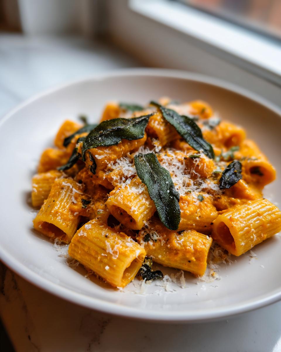 Close-up of rigatoni pasta coated in creamy butternut squash pasta sauce, topped with crispy sage leaves and grated cheese.
