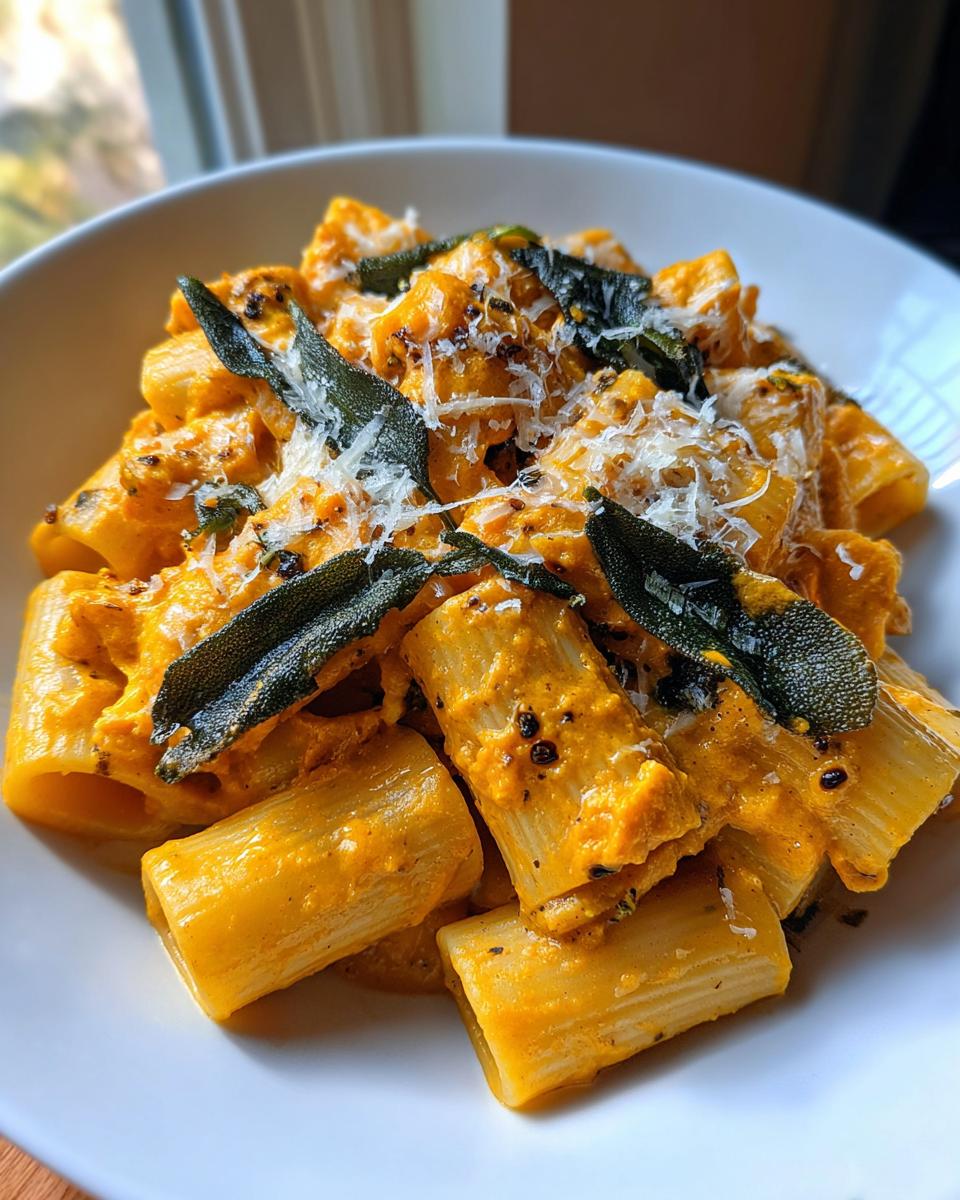 Close-up of rigatoni butternut squash pasta coated in orange sauce, topped with crispy sage and grated cheese.