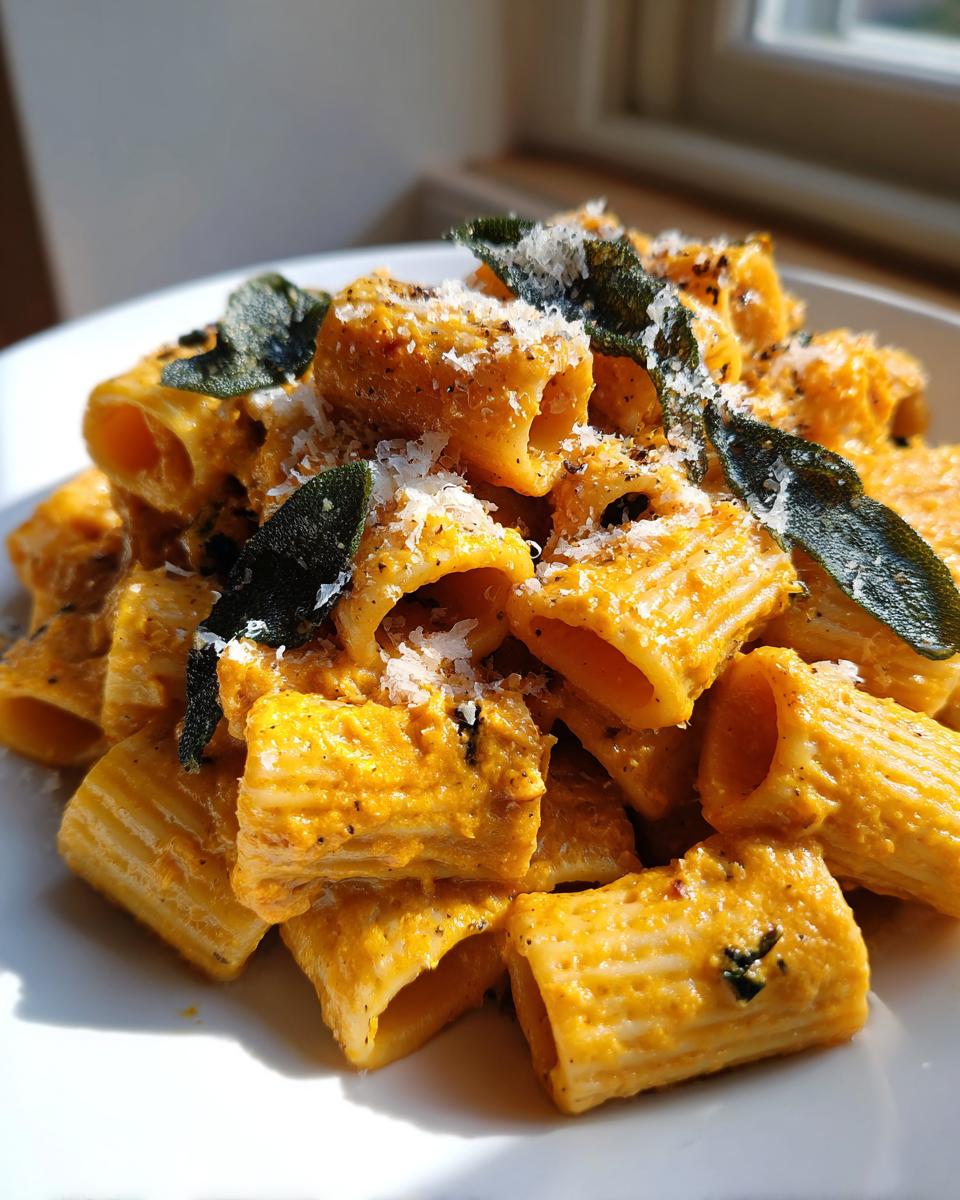 Close-up of rigatoni pasta coated in a rich orange butternut squash pasta sauce, topped with fried sage leaves and grated cheese.