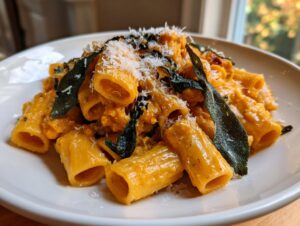 Close-up of rigatoni pasta coated in creamy butternut squash sauce, topped with fried sage leaves and grated Parmesan cheese.