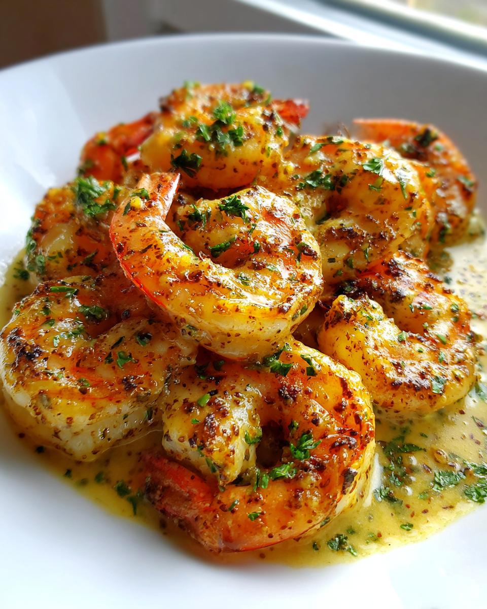 Close-up of succulent, seasoned cajun shrimp coated in a rich, buttery sauce and garnished with fresh parsley.