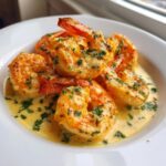 Close-up of perfectly cooked cajun shrimp served in a rich, creamy sauce and garnished with fresh parsley.