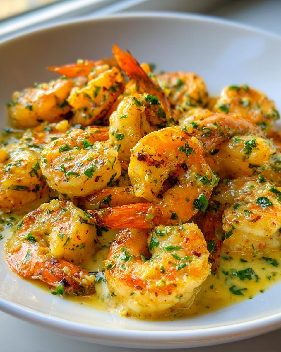 A close-up of juicy, pan-seared cajun shrimp coated in a rich, buttery sauce and sprinkled with fresh parsley.