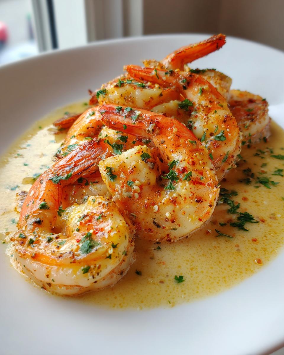 Close-up of plump, seasoned cajun shrimp served in a rich, buttery sauce and garnished with parsley.