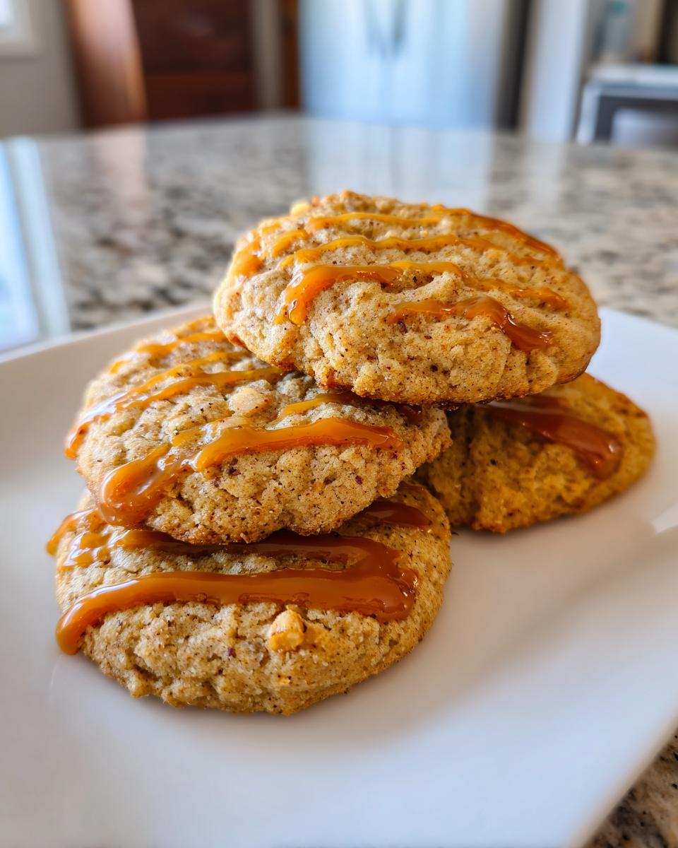 A stack of four soft apple pie cookies drizzled generously with shiny caramel sauce on a white plate.
