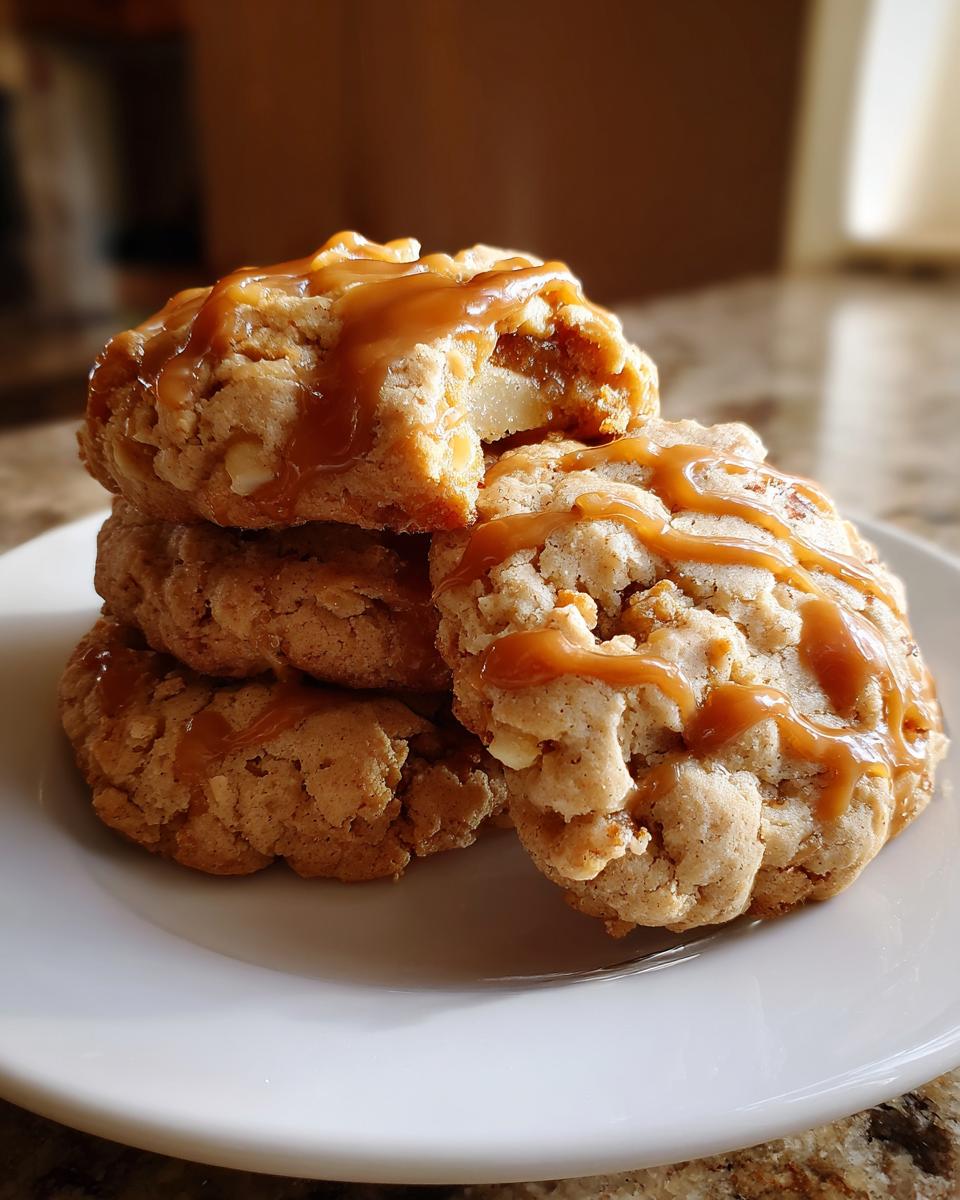 A stack of four soft apple pie cookies drizzled generously with warm caramel sauce.
