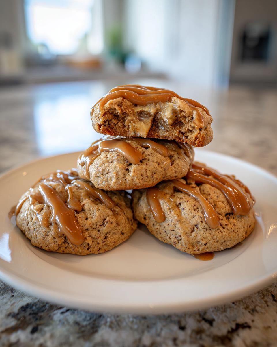 A stack of three soft apple pie cookies drizzled with caramel sauce, one cookie is broken open showing the filling.
