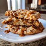 Close-up of stacked apple pie cookies, one broken open to show apple filling, drizzled with caramel sauce.