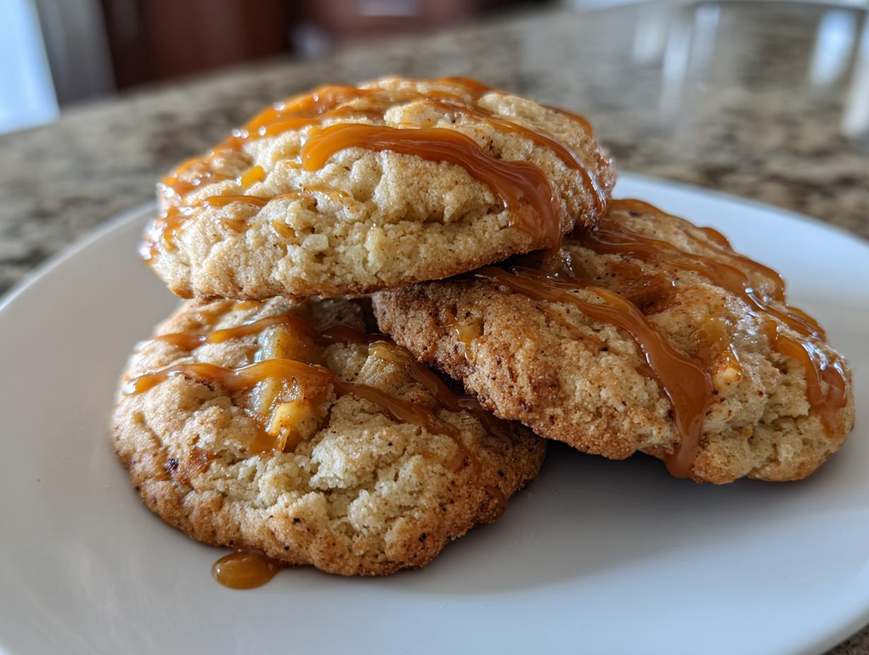 A stack of three soft apple pie cookies drizzled generously with warm caramel sauce on a white plate.