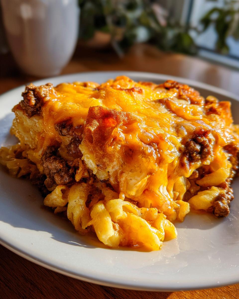 A generous serving of cheeseburger casserole featuring macaroni, ground beef, and melted cheddar cheese on a white plate.