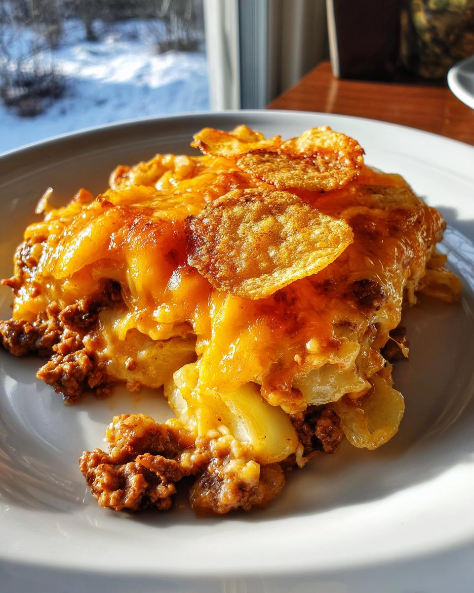 A close-up serving of cheesy cheeseburger casserole with ground beef, potatoes, and a crispy potato chip topping.