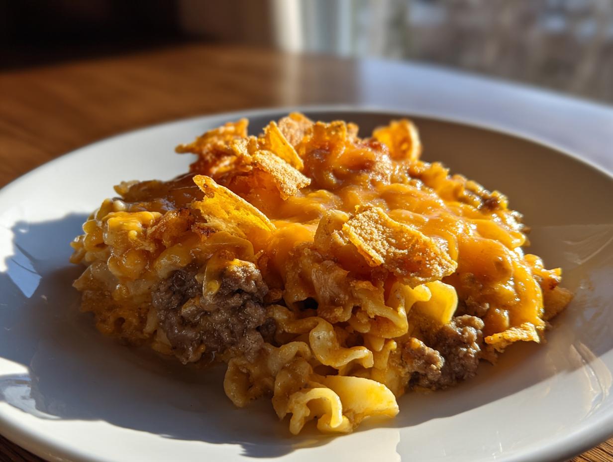 A close-up serving of cheeseburger casserole featuring egg noodles, ground beef, melted cheddar cheese, and a crunchy cornflake topping.