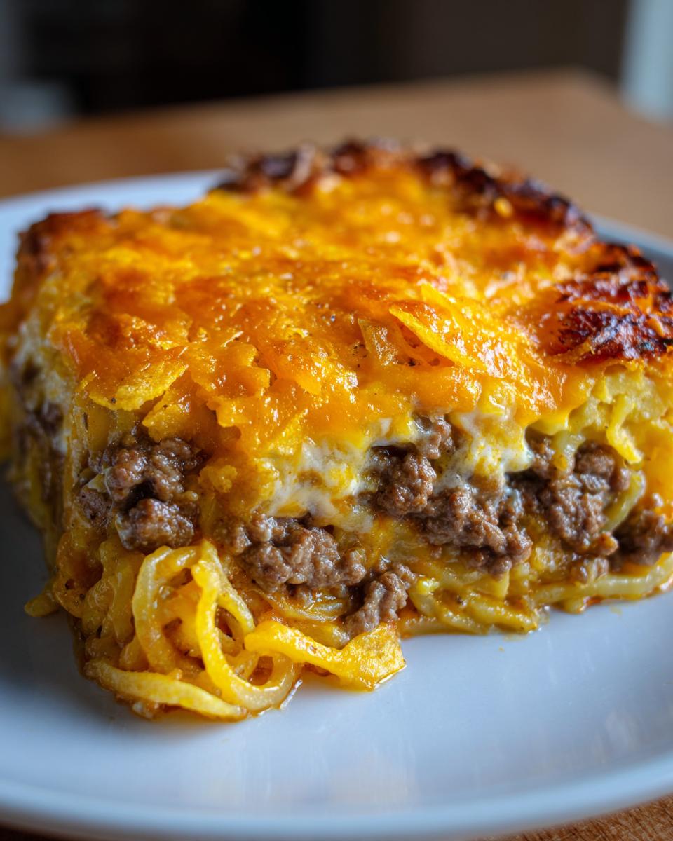 Close-up of a square serving of cheeseburger casserole featuring layers of pasta, seasoned ground beef, and melted cheddar cheese topping.
