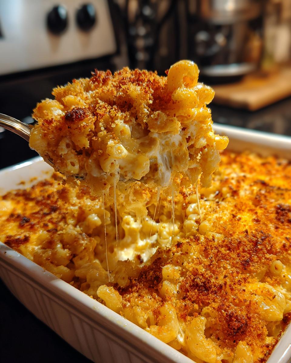 A spoonful of creamy, cheesy baked mac and cheese being lifted from a white dish, showing long cheese pulls.