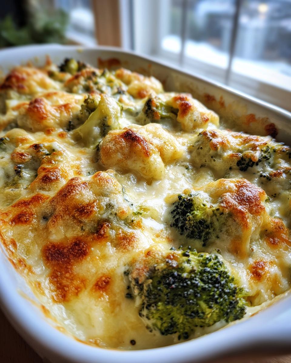Close-up of a creamy, bubbling broccoli casserole topped with golden-brown melted cheese.