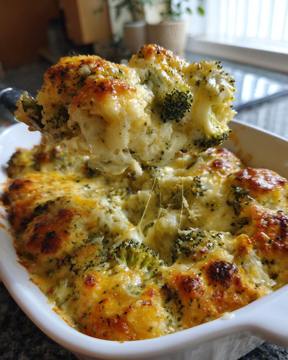 A scoop of cheesy, baked broccoli casserole being lifted from a white dish, showing melted cheese strings.