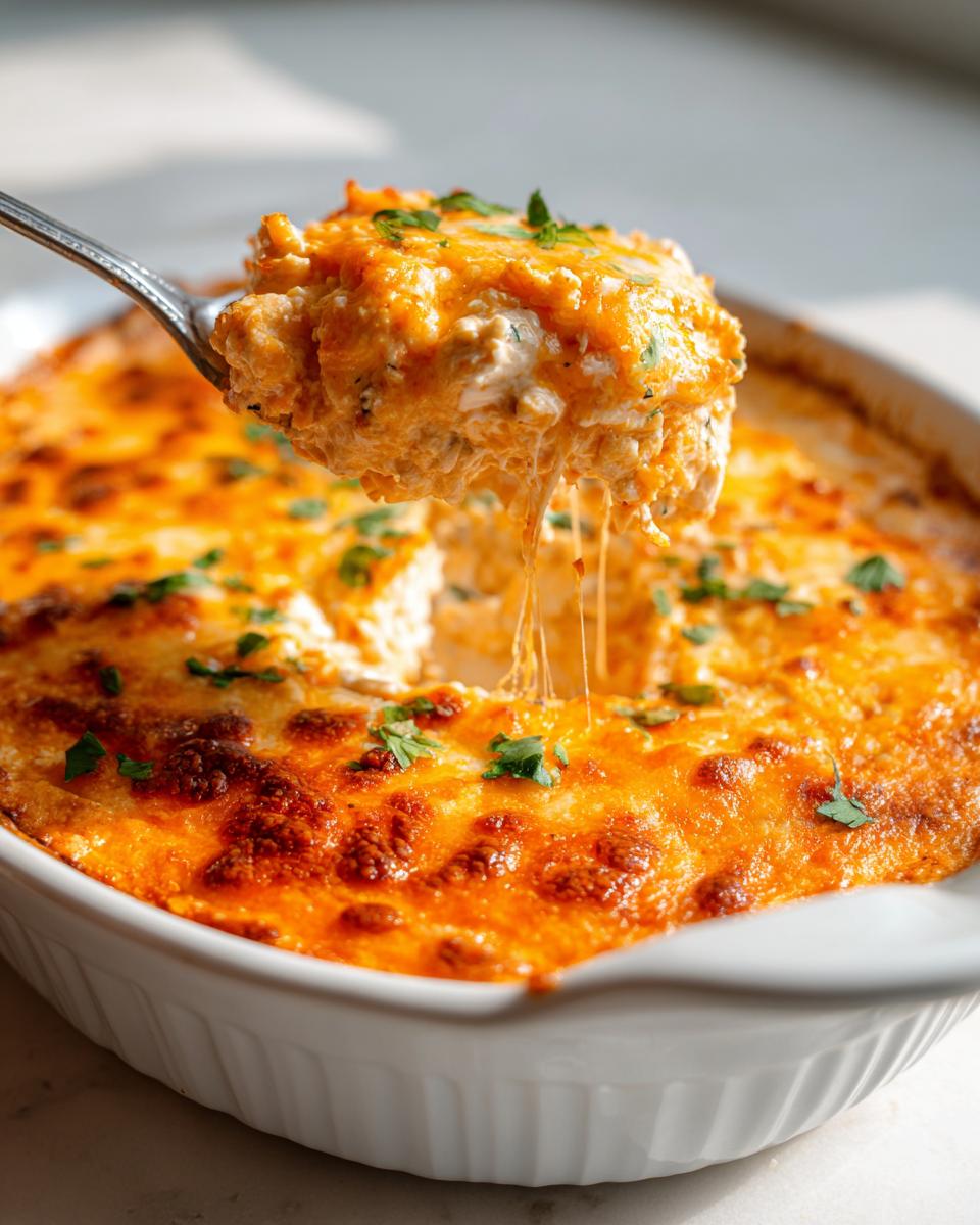 A spoonful of hot, cheesy Buffalo chicken dip being lifted from a white baking dish, showing cheese pull.