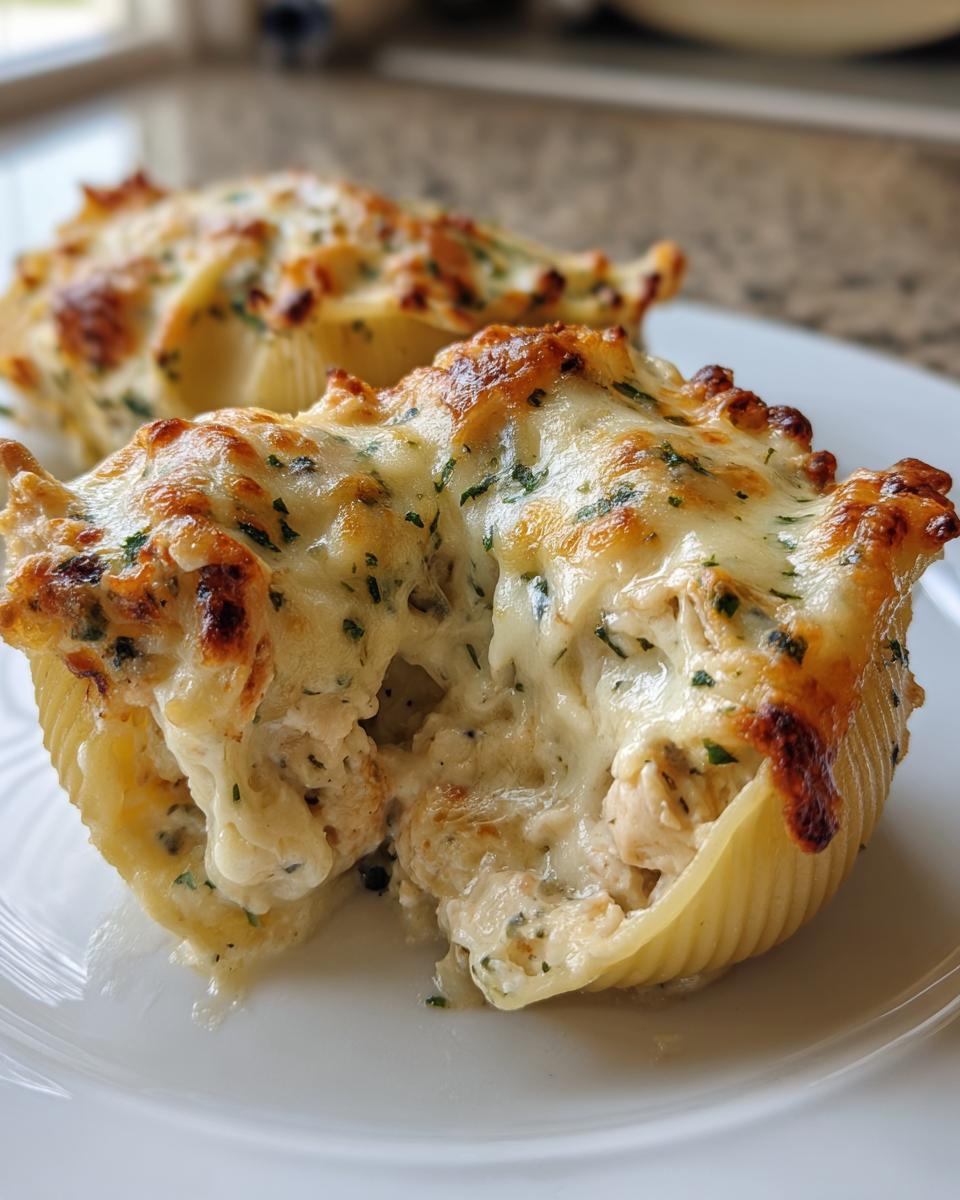 Close-up of baked chicken alfredo stuffed shells, oozing with melted cheese and topped with parsley.