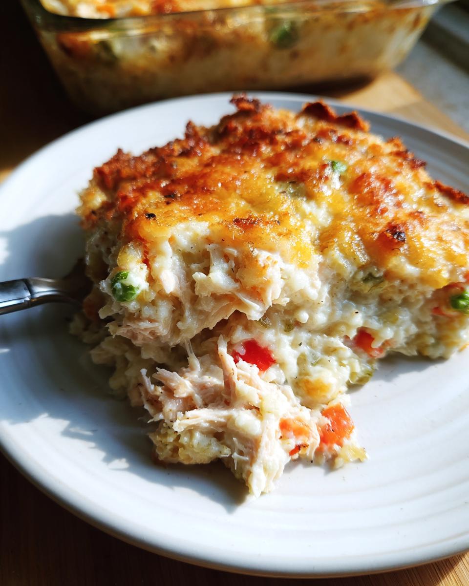 Close-up of a serving of creamy Chicken and rice casserole with a golden, cheesy crust on a white plate.
