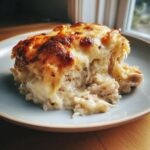 A close-up serving of creamy, cheesy chicken and rice casserole with a golden-brown, bubbly cheese topping.