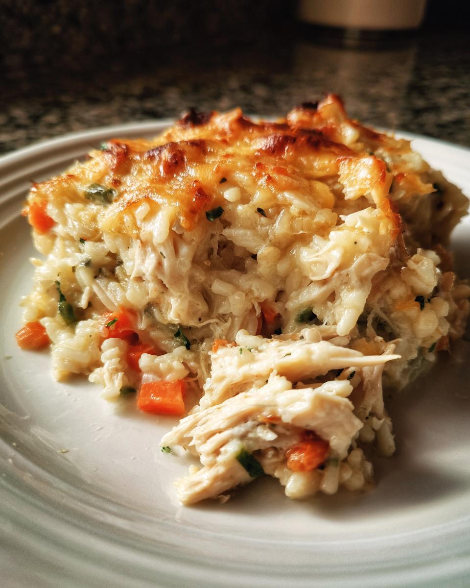 Close-up of a creamy serving of chicken and rice casserole with shredded chicken, carrots, and a golden-brown cheese topping.
