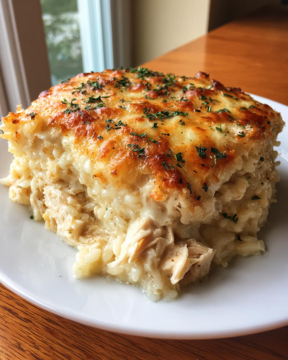 A square serving of creamy, cheesy chicken and rice casserole topped with melted, browned cheese and parsley.