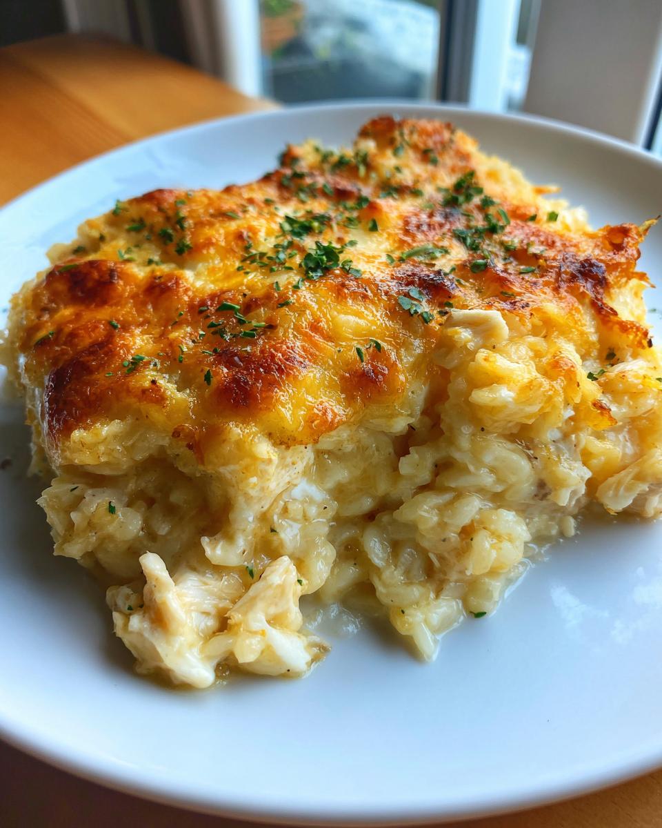 A serving of creamy, cheesy chicken and rice casserole topped with bubbly, browned cheese and parsley.