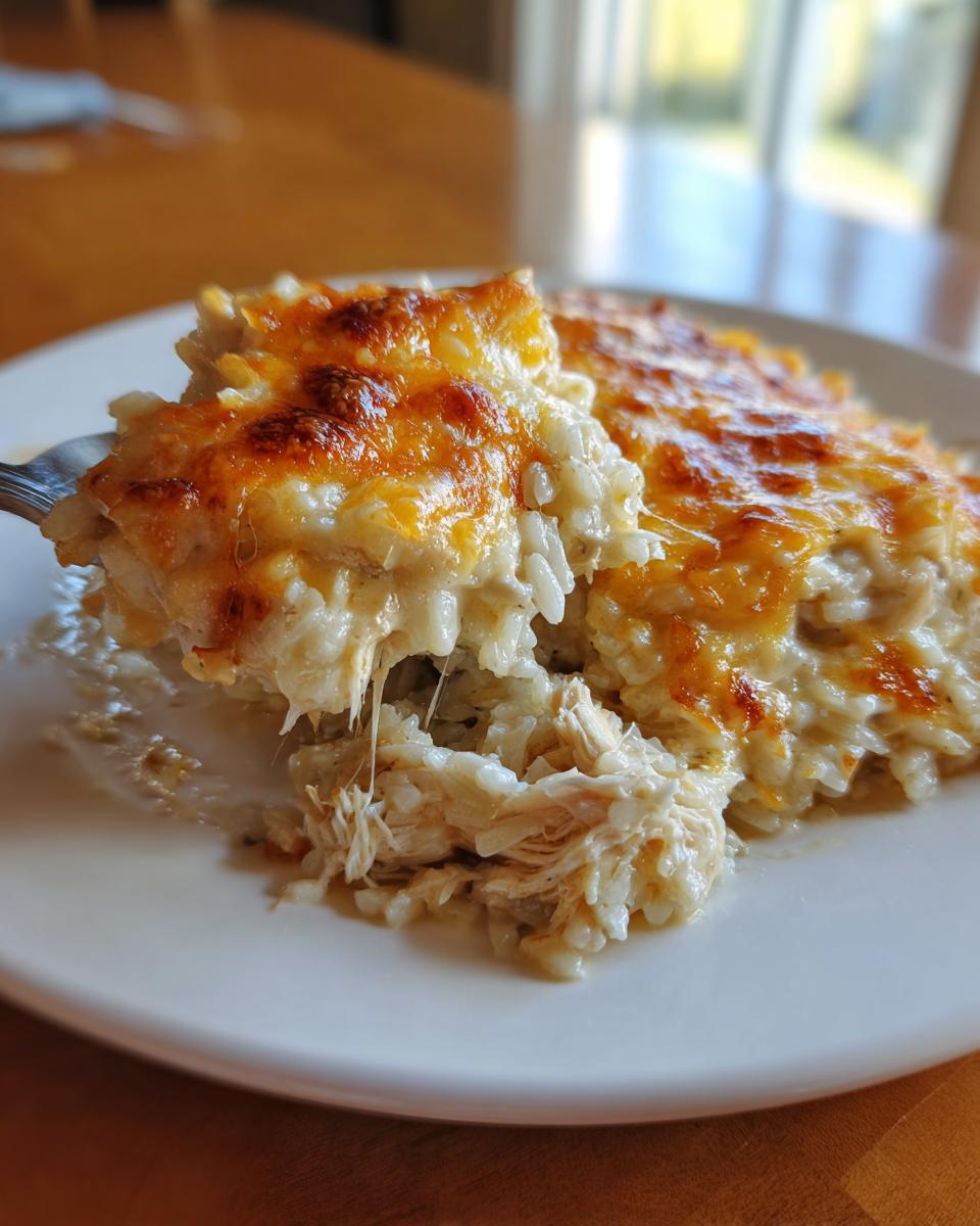 A spoonful of creamy, cheesy chicken and rice casserole showing melted cheese pull.