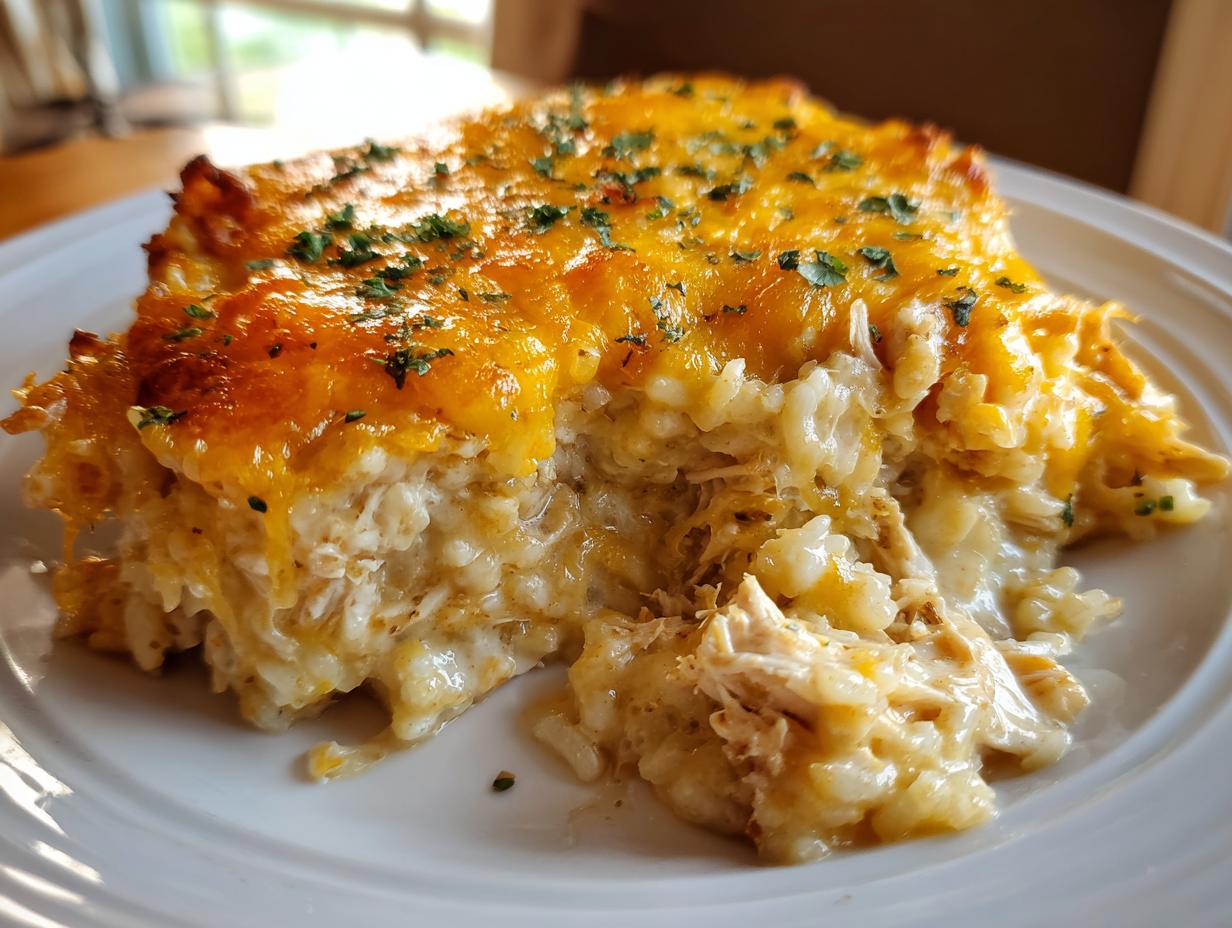 A close-up of a serving of cheesy chicken and rice, topped with melted cheddar and parsley.