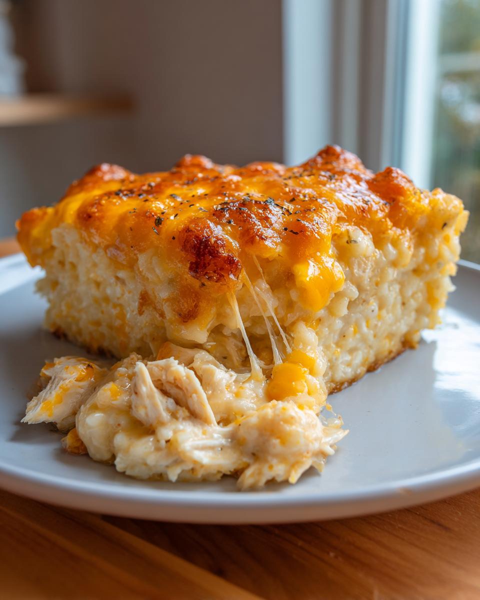 A serving of cheesy chicken and rice casserole with a melted, bubbly cheddar topping and visible cheese pull.