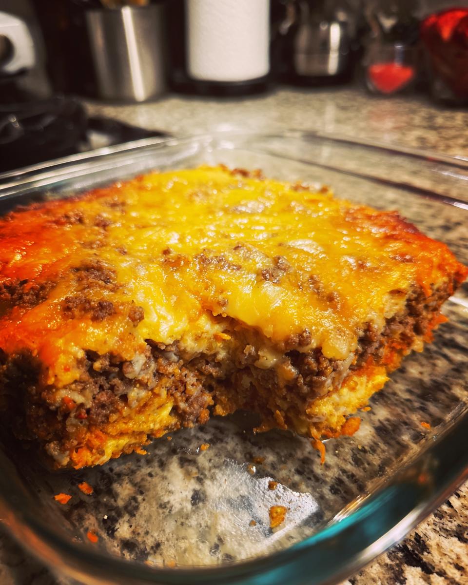 A close-up view of a square portion of Dorito Casserole in a glass dish, showing a thick layer of seasoned ground beef and melted cheddar cheese.