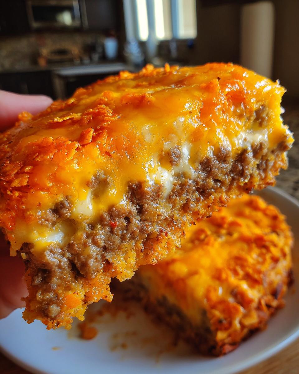 A hand holding up a thick, cheesy slice of Dorito Casserole showing ground meat and melted cheddar.