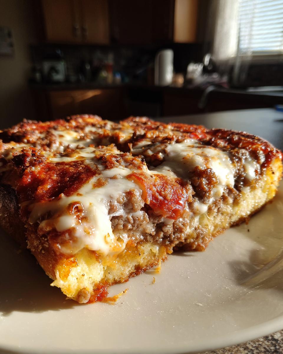 A thick slice of homemade garbage bread loaded with meat, sauce, and melted mozzarella cheese.