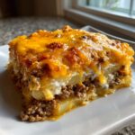 A close-up of a hearty slice of cheesy ground beef and potato casserole with melted cheddar topping.