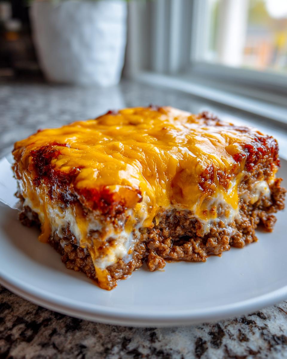 A square serving of cheesy ground beef and potato casserole topped with melted cheddar cheese.