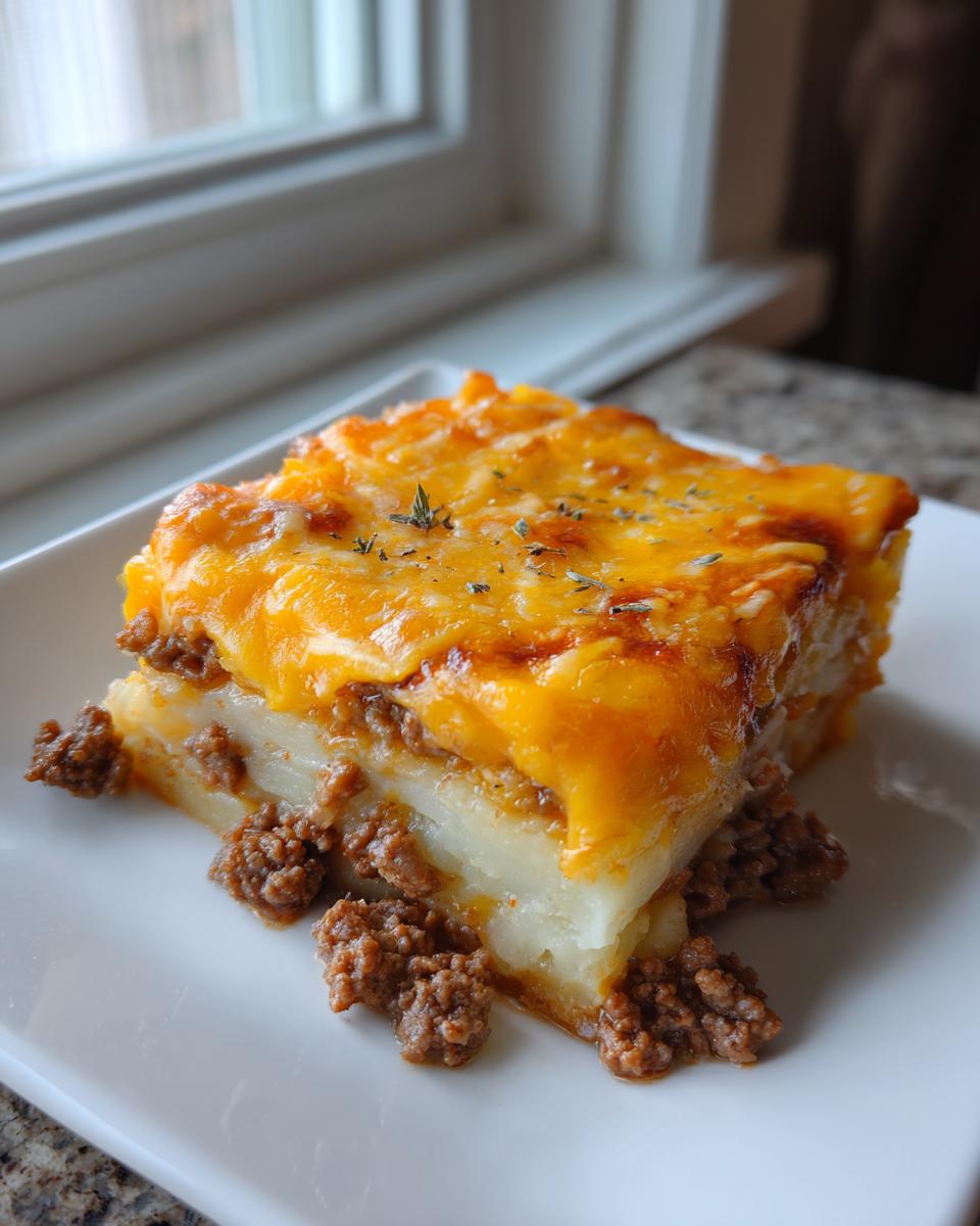 A square serving of cheesy ground beef and potato casserole with melted cheddar cheese on top.