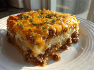 A perfectly cut square slice of cheesy ground beef and potato casserole topped with melted cheddar.